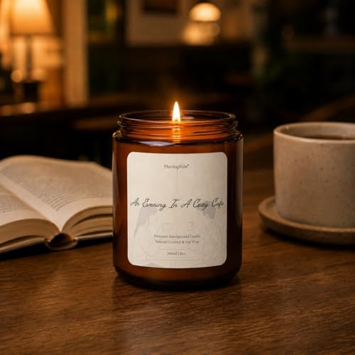 Image of Pluviophile Cozy Cafe Scented Candle | Coconut & Soy Wax | Hand-Poured | Amber Glass Jar with Lid | 240g /8oz, Vegan Coffee Candle for Home, Bedroom, Work Desk & Gifting