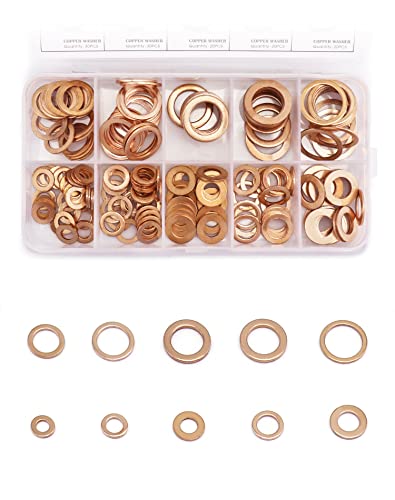 QWORK® Copper Washers Assorted Kit, 200 Pcs Flat Copper Sealing Washers - M5, M6, M8, M10, M12, M14, Bronze