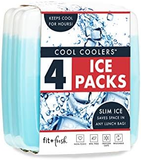 Cool Coolers by Fit + Fresh, Reusable & Long-Lasting Slim Ice Packs, Perfect Addition To Your Lunch Box, Camping Accessories, Insulated Lunch Bag, Beach Cooler Backpack & More, Clear Blue, Pack of 4