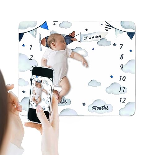 Image of Airplane Theme Baby Monthly Milestone Blanket for Boys, Soft Flannel Aircraft Pilot Cloud Stars Pattern Photography Prop Baby Shower Age Newborn Mom Gifts Nursery Decor (Blue, 48x40in)