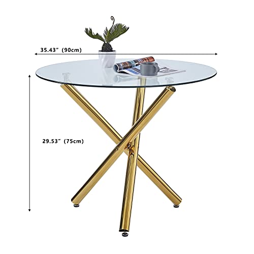 Round Glass Dining Table 35.43In Modern Kitchen Table With Golden Legs Up To 4 People #TOP3
