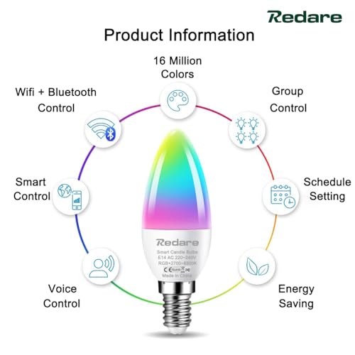Redare Alexa E14 Smart Candle Bulbs,لمبة ذكية,C37 Dimmable WiFi Smart Bulbs,500Lm,5W Replace 60 Watt,White+RGBCW Colour Changing LED RGB Light Bulb Work with alexa,Google Home (AC220~240V 2 Pack)