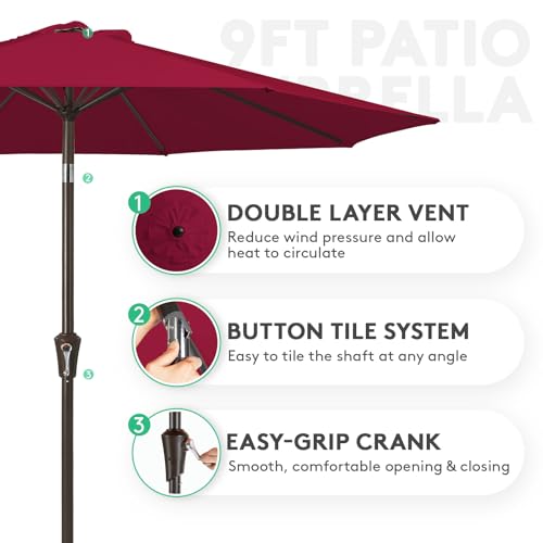 Image of JEAREY 9FT Outdoor Patio Umbrella Outdoor Table Umbrella with Push Button Tilt and Crank, Market Umbrella 8 Sturdy Ribs UV Protection Waterproof for Garden, Deck, Backyard, Pool (Brick Red)