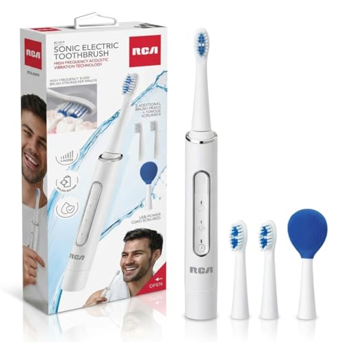 RCA Sonic Electric Toothbrush for Adults, Rechargeable USB Powered Toothbrush with 6 Cleaning Modes, Waterproof Handle, 2 Replacement Brush Heads & Tongue Scraper