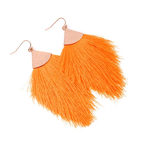 RIAH FASHION Bohemian Silky Thread Tassel Statement Drop Earrings - Strand Fringe Lightweight Feather Shape Dangles, Chandelier Duster2