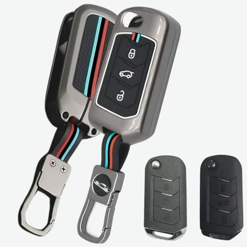 Image of BKN Luxury Metal Soft Car Key Cover Shell with Keychain Compatible with Mahindra Scorpio N | 3XO | XUV 300 | Marazzo | XUV 700 | XUV 400 ev | Bolero | Thar Roxx 3 Button Flip Key