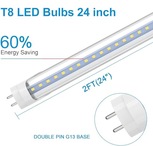 Romwish 24 Inch T8 LED Tube Light, 10W(24W Equiv.), 1120LM, 5000K Daylight, Type A+B Plug & Play or Ballast Bypass, F17T8 Fluorescent Replacement, Double-Ended Power, Under Cabinet Light, 4 Pack