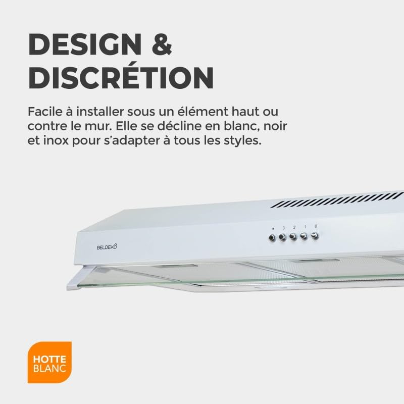 BELDEKO Hotte Casquette 90 cm Blanc 438 m3/h 200W - Marque Française