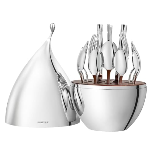 KINGSTONE Silverware Set with Waterdrop Storage Organizer, Luxury 20 Piece Flatware Set for 4, 18/10 Stainless Steel Cutlery Set with Diamond Cut Pattern Ideal for Kitchen,Party and Gift​