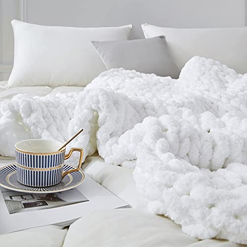 Sunyrisy Chunky Knit Throw Blanket, Luxury Soft Cozy Chenille Throw Blanket, Large Throw Bed Blanket For Couch, Sofa, Home Decor,Gift - Machine Washable (White 40X48 In) #TOP3