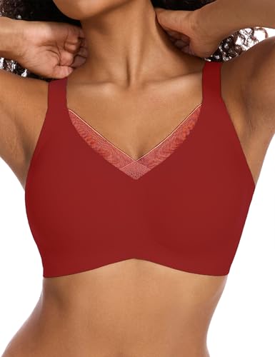 Image of Womens Lace Seamless Bra Wireless Full Coverage Push Up Bras for Women No Underwire Comfortable Bralettes, Red, M