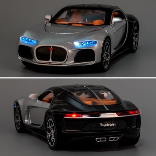 Image of 1:32 Scale Bugatti Atlantic Alloy Pickup Car Toy Metal Pull Back Diecast Car with Openable Door and Sound Light, Gifts Toys for Kids【Black /Silver】