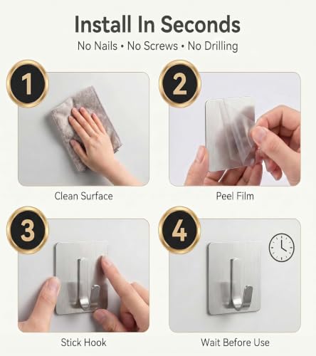 Image of Enclave Heavy Duty Adhesive Hooks, Stick on Wall Adhesive Hangers, Strong Stainless Steel Holder, Self Adhesive Hooks for Kitchen Bathroom Home Door Towel Coat Key Robe. (J Shape Silver, Pack of 4)