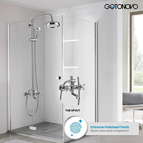 gotonovo Bathroom Shower Faucet Rain Mixer 8 Inch Round Shower Head Double Cross Handle with Tub Spout Wall Mount Bathroom Shower Fixtures 3 Function Metal Handheld Sprayer Polished Chrome