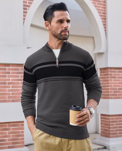 EKLENTSON Men's Quarter Zip Pullover Sweater Striped Knitted Turtleneck Pullover Winter Golf Sweater2