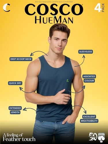 Image of COSCO HUEMAN Men's 100% Cotton Sleeveless Round Neck Regular Fit Multi Colour Vest | Baniyan for Men | Vest for Men Combo Pack of 4