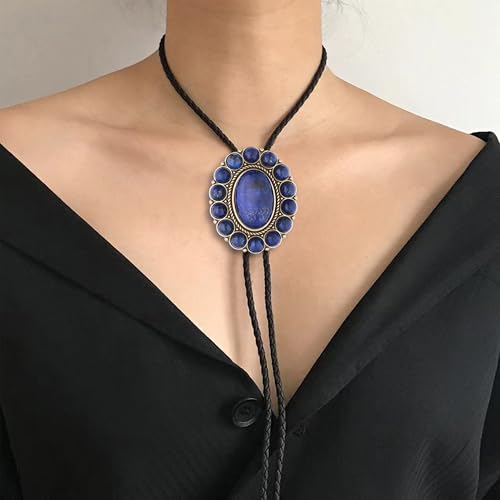 Image of GelConnie Bolo Tie for Men Women Western Cowboy Turquoise Leather Necktie | Natural Stone Bolo Tie Necklace for Women Rodeo Cowboy Leather Necktie Native American Western Cowgirl Ties Adjustable Cord