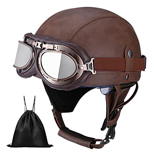 Casque de Moto Vintage Cuir Retro Scooter Open Face Demi-Casque avec Lunettes Certifié ECE pour Homme et Femme Adultes - Sac de Rangement Inclus