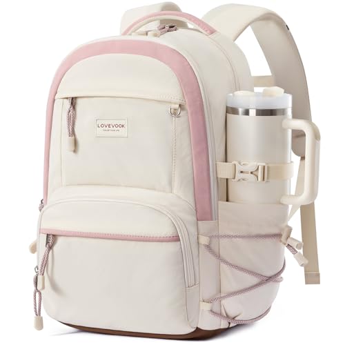 LOVEVOOK School Backpack for Girls 15.6 Inch laptop Backpacks with Large Capacity Tumbler Holder Lightweight College bag for women Cute Travel Teen Bookbag Purse for Students Off white-Pink
