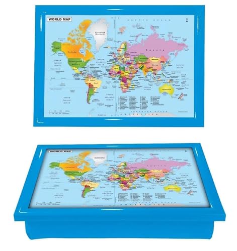World Map Theme Large Wooden Lap Tray With Cushioned Bean Bag Brakfast, Dinner Laptop, TV, Food, Serving Tray (BLUE)