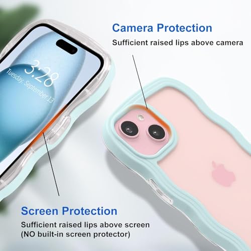 Image of GoldKart iPhone 15 Plus Case Wavy Edge Clear Back Design, Anti-Slip Grip Cute Wave Curly Frame Shape Shockproof Soft TPU & Hard PC Bumper Protective Phone Case Cover for Women Girls - Light Blue