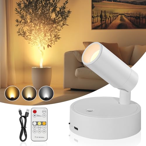 TaoFiaCo Faretti LED Ricaricabili da Parete per Interni Bianco - Lampada da parete USB con Telecomando 3 Colori Dimmerabili - Faretto LED Wireless per Illuminazione di Quadri Piante Camera da Letto