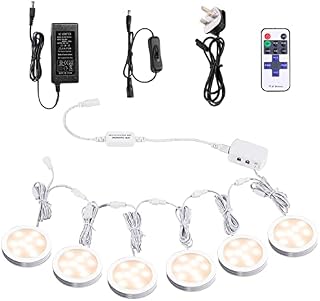 AIBOO Linkable Under Cabinet LED Lighting 12V Dimmable Puck Lights with Wireless RF Remote Control, Hardwired & Wall Plug in for Display Lighting (6 Lights Warm White)