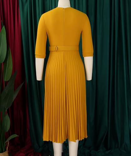 Image of SOMTHRON Women's Elegant 3 /4 Sleeve Blazer Dress V Neck Lapel Pleated Business Work Swing Midi Dress with Belt