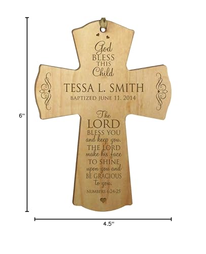 Image of LifeSong Milestones Personalized Baptism 1st Holy Communion Christening Wall Cross Decoration God Bless This Child The Lord Bless You and Keeps You (4.5 inch x 6 inch, Maple)