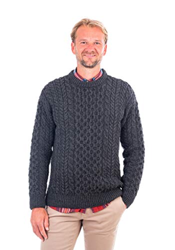 100% Merino Wool Blasket Crew Neck Collar Aran Sweater Pullover Honeycomb Stitch Made in Ireland
