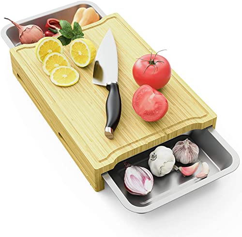 Cutting Board Bambus Schneidebrett Set mit 2 Auffangschalen Käse, Fleisch,Gemüse(XXL 16 X 12 Zoll) Cover