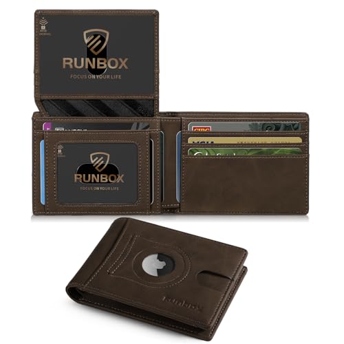 RUNBOX Airtag Wallet for Men 15 Cards Wallets Slim Rfid Leather 2 ID Window With Gift Box