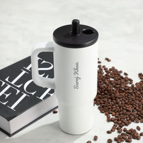 Image of Giftana Personalized Coffee Tumbler with Name, Customized Travel Mug with Lid, Coffee Mug for Men and Women, Birthday Gifts, Valentine's Day Gift, Corporate Gifts for Employee (White,710ml)