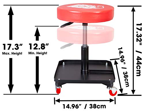 BIG RED TR6350 Torin Rolling Pneumatic Creeper Garage/Shop Seat: Padded Adjustable Mechanic Stool with Tool Tray Storage, Red Large