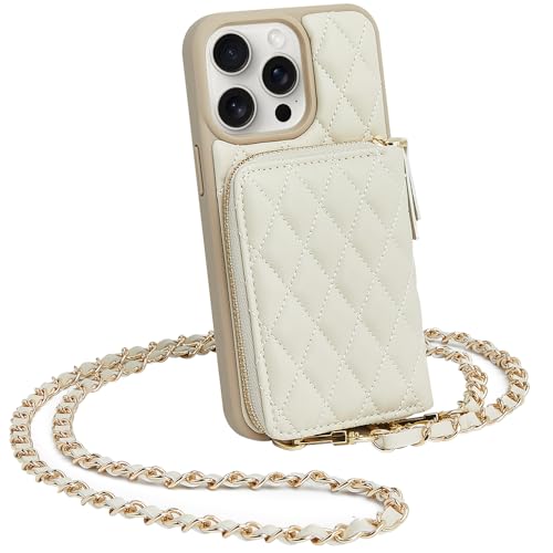 LAMEEKU Designed for iPhone 14 Pro Max Crossbody Chain Shockproof RFID Case for Women Compatible with iPhone 14 Pro Max 6.7 Inch-Beige