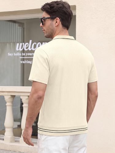 Crastimo Men's Textured Polo Shirt Vertical Rib Short Sleeve Contrast Trim Collar Hem 2-Button Classic Fit Casual Golf White S — view 4