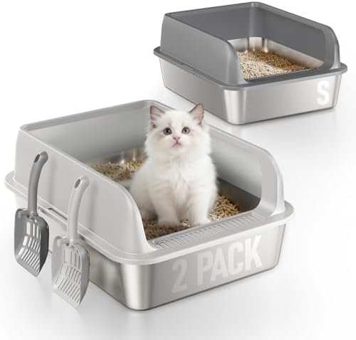 2 Pack Katzenklo Edelstahl Gehege mit Deckel, Katzentoilette aus Edelstahl | Katzenklo Mit Hochwandigem Seitengehäuse, Nicht-Klebrig, Auslaufsicher & Einfach zu Reinigen, nklusive