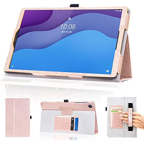 DMLuna Case for Lenovo Tab M10 HD 2nd Gen (TB-X306X) / Smart Tab M10 HD 2nd Gen TB-X306F 10.1" 2020, Folio Premium PU Leather Cover Auto Wake Sleep Feature Case with Hand Strap Card Slot, Glitter Rose Cover