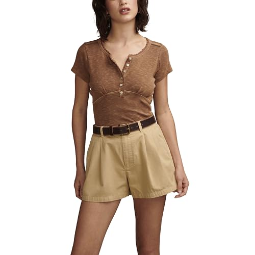 Lucky Brand Women's Crochet Trim Short Sleeve Henley, Toasted