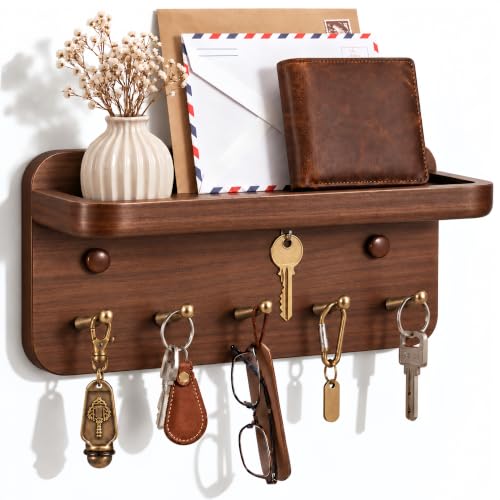 Mifoci Solid Wood Key Holder for Wall, 5 Brass Hooks & 3 Hidden Magnets