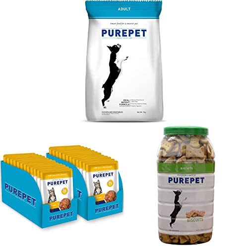 Image of Purepet Chicken and Vegetable Adult Dry Dog Food - 9kg & Wet Cat Food, Real Tuna and Chicken Liver in Gravy, 24 Pouches (24 x 70g) & 100% Vegeterian Biscuit,Dog Treats- Jar, 905g