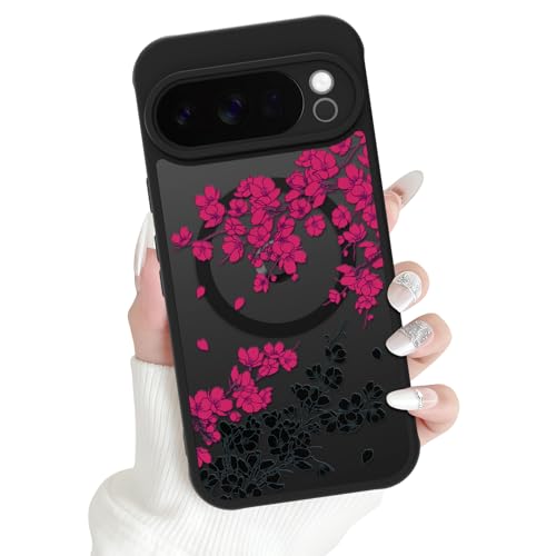 OOK Magnetic Case Fit for Google Pixel 10 Pro XL 6.8 Inch (Wireless Charging Compatible) Soft TPU and Hard PC Phone Cover with Hot Pink Floral Flowers Anti-Scratch Shockproof Protection Case for Women