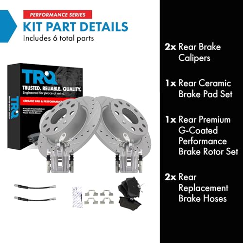 Image of TRQ Performance Rear Brake Pad and Rotor Set Ceramic Slotted Drilled 253 mm Rotors Calipers Hoses Compatible with 2010-2013 Audi A3