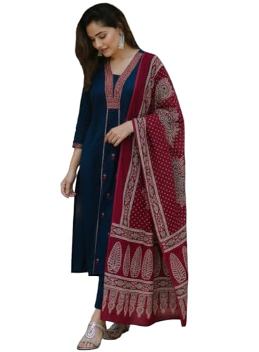 Kurta droite brodée viscose femme ensemble pantalon beige