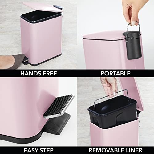 mDesign Rectangular Pedal Bin  5 L Metal Waste Bin with Pedal, Lid and Plastic Bucket Insert  Household Rubbish Bin for Bathroom, Kitchen and Office  Pink