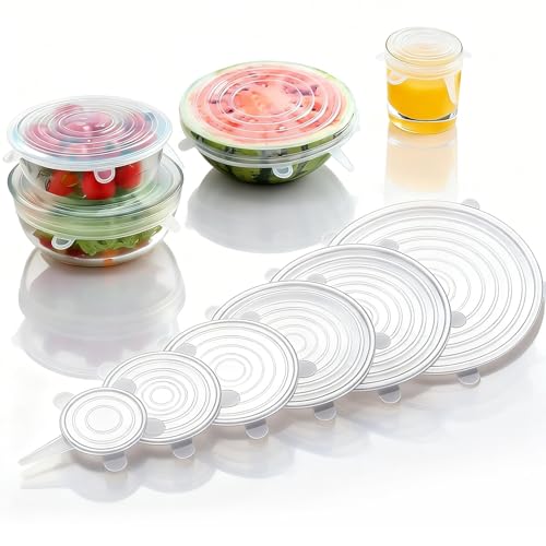 Silicone Stretch Lids Bowl Covers, Reusable Elastic Food Covers for Bowls & Containers, Airtight Leakproof Eco-Friendly Microwave Dishwasher Safe, Universal Fit 2-8 Inch(White, 6 Pcs)