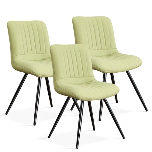 Image of Dining Chairs Set of 3, Modern Dining Chairs with Thick Cushions, PU Leather Upholstered Kitchen Dining Room Chairs with Metal Legs for Dining Living Room (Green)