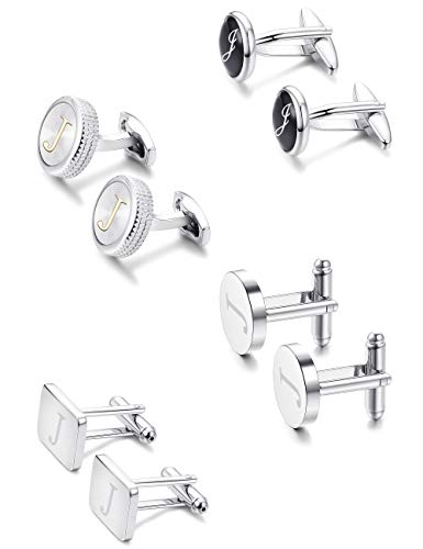 Loyallook 4Pairs Men's Initial Letter Shirts Cufflinks Engraved Shirt Cufflink Alphabet Set Fashion Dazzle Tuxedo Cufflinks Business Wedding Father's Daygift #TOP2