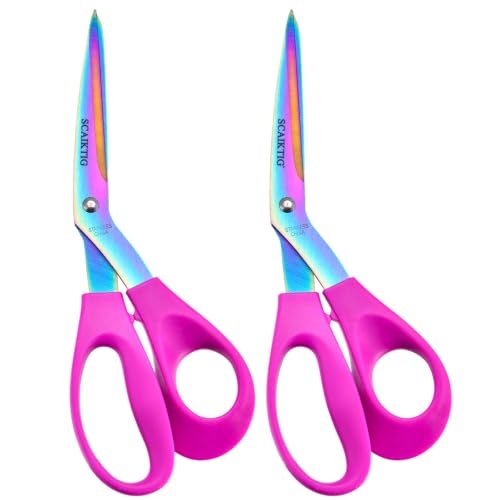 SCAIKTIG 8.5“ Bent Fabric Scissors All Purpose Sharp Heavy Duty, Bent Shears for Sewing Crafting Cutting Clothes, Felt, Leather, Paper Supplies, Pink Handle, Titanium Coating Blades, 2-Pack