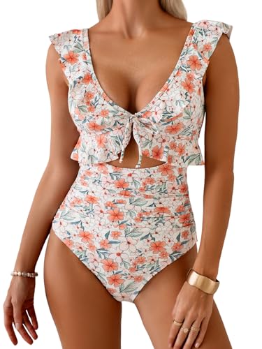Image of Eomenie One Piece Swimsuit for Women Tummy Control Ruffle Bathing Suit V Neck Ruched Swim Suit Slimming Cutout Swimwear